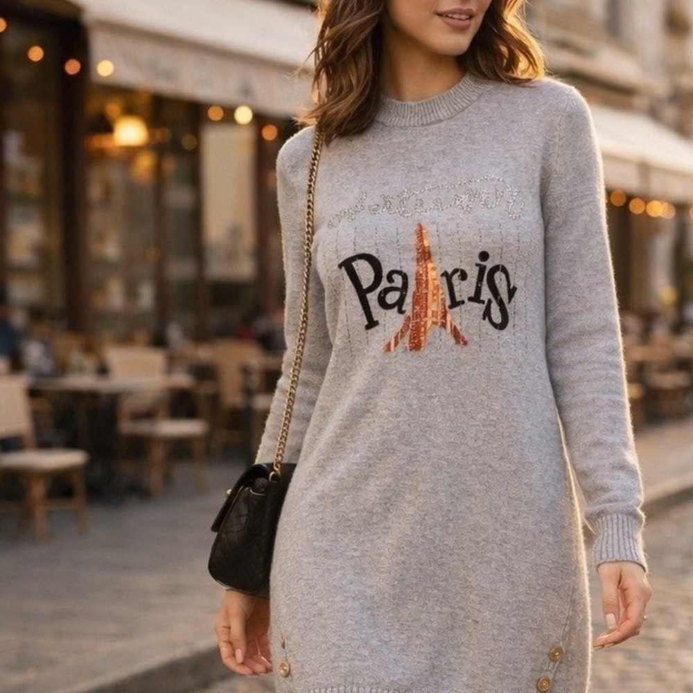 Victoria Paris Eiffel Tower Rhinestone Tunic Sweater Gray One Size OS Crew Neck